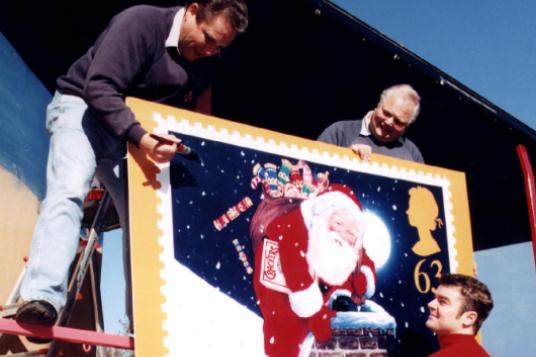 A giant float which advertised the new Christmas stamp was put together in 1997 by Doncaster Royal Mail workers Chris Booth, Nick Thorpe and Derek Smith
