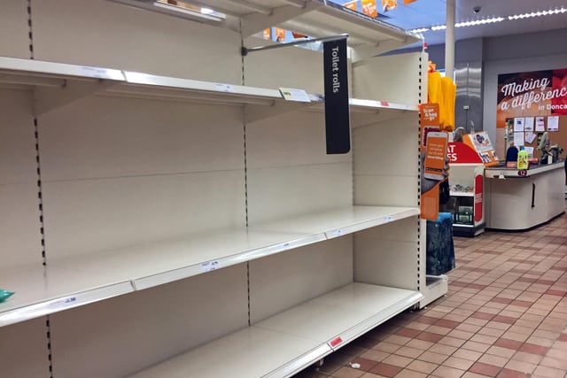 Empty shelves where toilet rolls should be. Sainsbury's, Frenchgate Centre, Doncaster Town Centre, yesterday. Picture: NDFP-17-03-20 EmptyShelves 1-NMSY