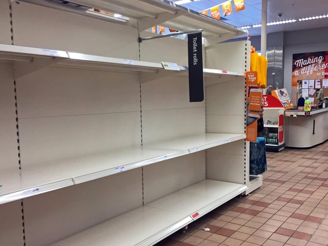 Empty shelves where toilet rolls should be. Sainsbury's, Frenchgate Centre, Doncaster Town Centre, yesterday. Picture: NDFP-17-03-20 EmptyShelves 1-NMSY