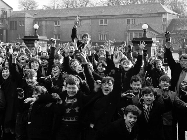 Pupils from Musselburgh Grammar School in East Lothian enjoy a half-day holiday in December 1965