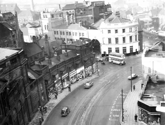 Just down from Haymarket is Waingate, the old and long gone shops at the bottom left including Hindley's tool store and the booking office of Sheffield United Tours. The building at the bottom of the hill is the Lady's Bridge Hotel, with Tennants Brewery (later Whitbreads) behind on Bridge Street, in 1960