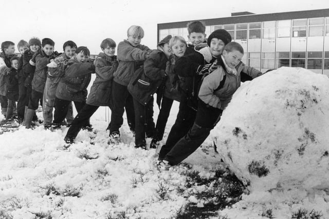 Plenty of effort from these snow-clearing students at Throston Primary, and just look at the size of the snowball they made in 1993!