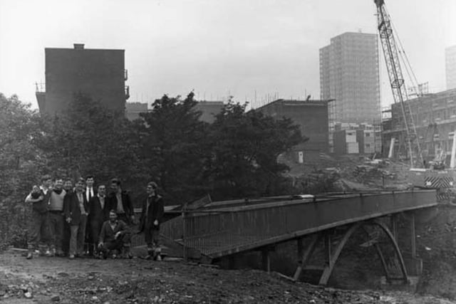 Footbridge over the Jervis Lum Woodland, in Norfolk Park, Sheffield, showing the construction of the Norfolk Park flats