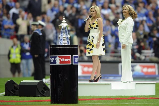 Lesley Garrett (right) and Katherine Jenkins sing the national anthems prior to kick off.