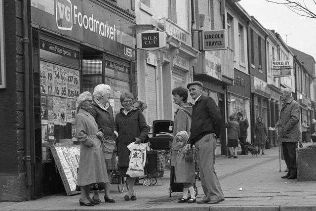 Shoppers pause for a catch-up in Church Street Seaham  in November 1983.