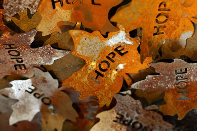 Each leaf has the word HOPE written on it and symbolises the past and what has transpired.