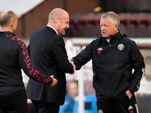 Chris Wilder, Manager of Sheffield United and Sean Dyche, Manager of Burnley. (Photo by Peter Powell - Pool/Getty Images)