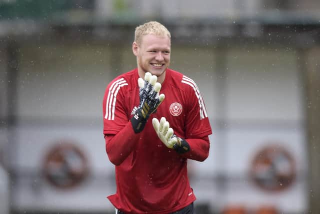 Sheffield United goalkeeper Aaron Ramsdale warms up before a friendly match between Dundee Utd and Sheffield United at Tannadice: Mark Scates / SNS Group