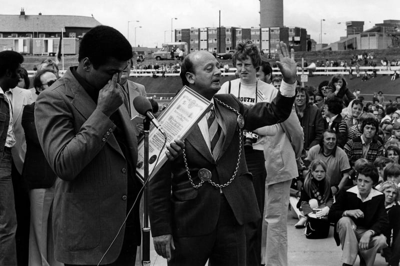The Mayor of South Tyneside and Muhammad Ali on stage in July 1977. Were you pictured in the crowd? Photo: Freddie Muddit and thanks to www.southtynesidehistory.co.uk for their help.