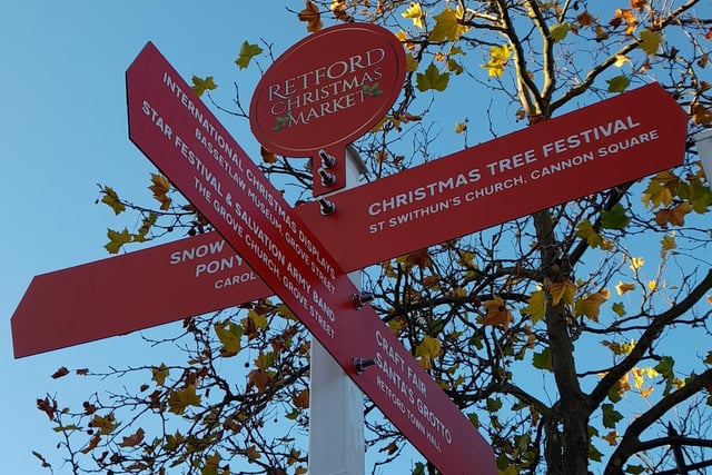 A signpost directing visitors to all the festive events in Retford.