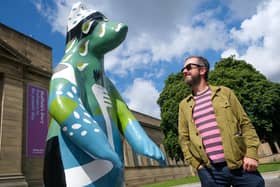 Artist James Green with his Sheffield Bear in support of the Children's Hospital Charity  on show at Weston Park