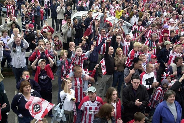 Fans gather at Bramall Lane to meet the players, May 2003