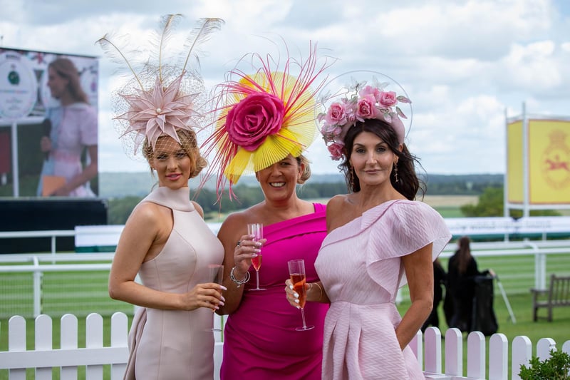 Ladies Day at Qatar Goodwood Festival, Goodwood on 29th July 2021
Pictured:  Katie Houghton, Lorna Bruce and Ilda di Vico from 
Wescot
Picture: Habibur Rahman