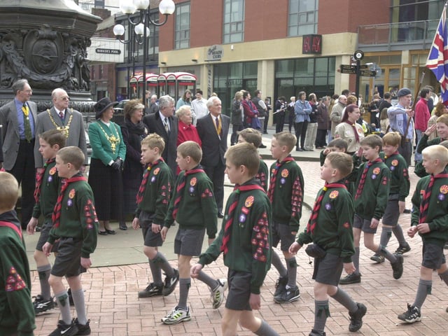 Pictured at the Cenotaph, Barkers Pool, Sheffield, where the 1999-2000 Lord Mayor of Sheffield, Coun Trevor Bagshaw, is seen taking the salute at the St George's Day Parade