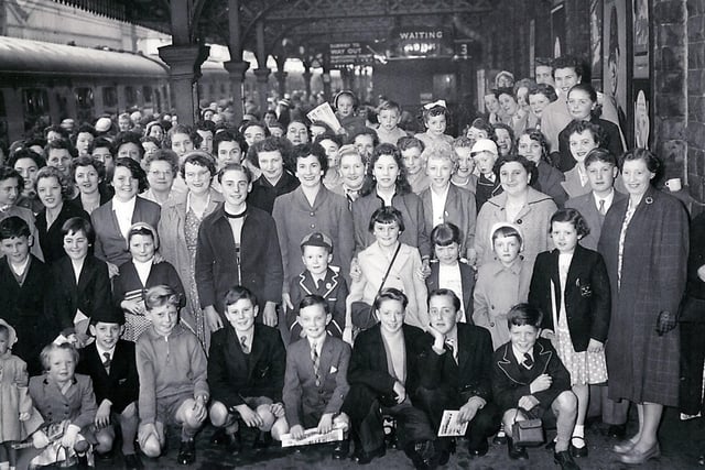Staff and their families from the John Banner store, Attercliffe, on their annual day trip to the seaside at the Sheffield Victoria Railway Station in 1958. Submitted by Margaret McLean (nee Myers)