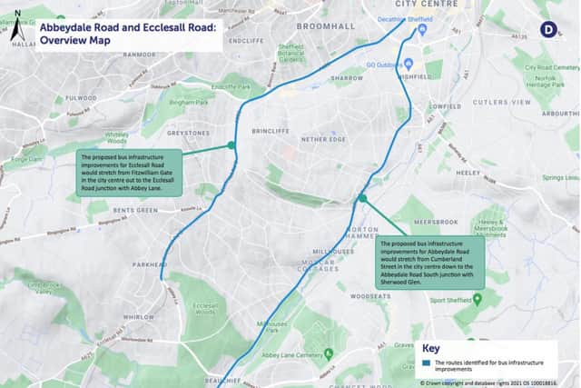 Green light priority for buses would apply at every junction for five miles from the bottom of The Moor up Ecclesall Road to Abbey Lane and 3.7 miles along Abbeydale Road to Abbeydale Industrial Hamlet in Beauchief.