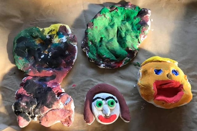 "These were my favourite. We made self sculptures out of salt dough. As you can see I’m a monobrowed witch with two alien blobs for children and I’m married to Donald Trump."