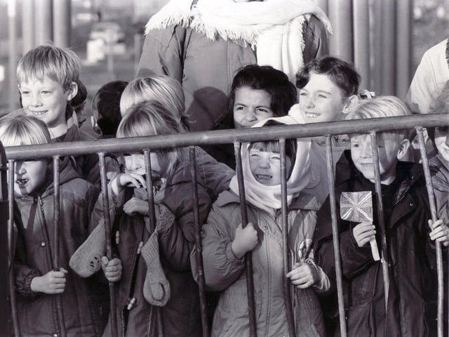 School children await the arrival of Princess Diana to Doncaster in 1989.