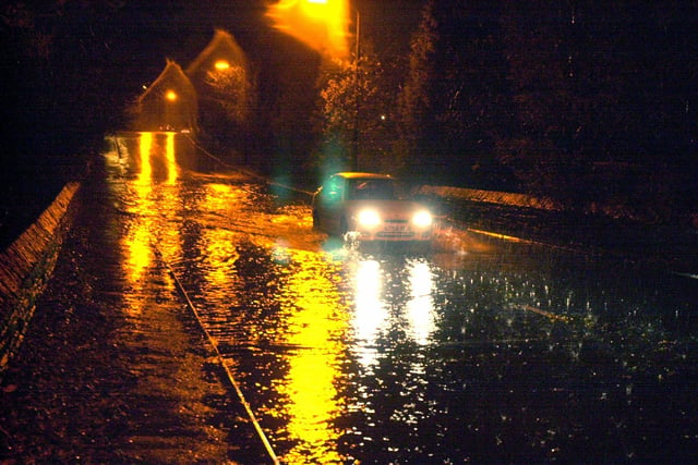 Flooding at High Greave in November 2000, the road towards Ecclesfield from Lane Top
