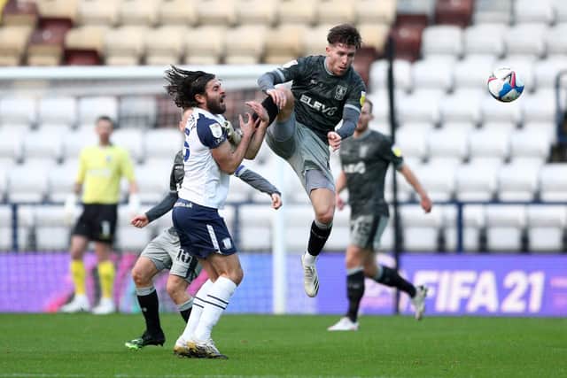 Sheffield Wednesday's Josh Windass has been sent off for this high challenge on Preston North Ends' Joe Rafferty. (Photo by Jan Kruger/Getty Images)