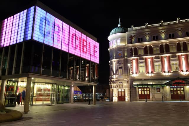 STOCK: Sheffield at night, The Crucible Theatre.