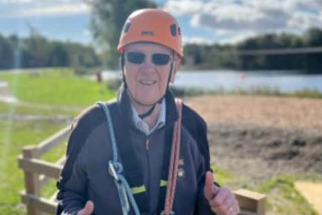 Sheffield ‘adventurer pensioner’ Barrie Grimshaw has become the oldest person to hurtle along a 250m zipwire at North Yorkshire Water Park, for Sheffield Hospitals Charity