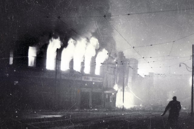 The Redgates shop in Sheffield on fire in December 1940. 