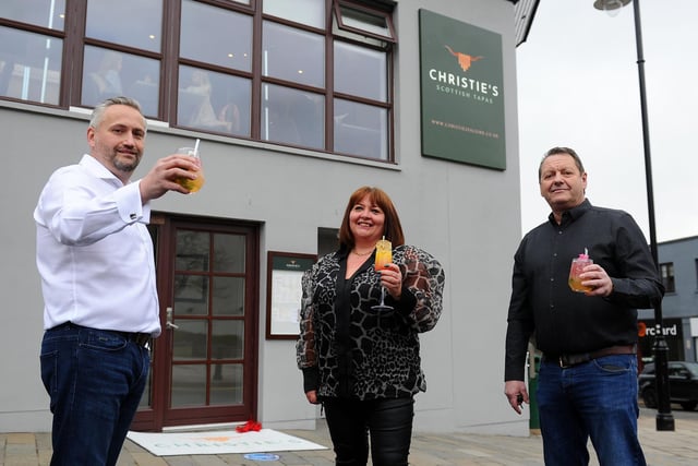 Christie's, a Scottish tapas restaurant, opened in Falkirk's Manor Street in April. From left, David Blackwood, owner; Yvonne Latta, business partner; and Tom Malloy, owner. Picture: Michael Gillen.