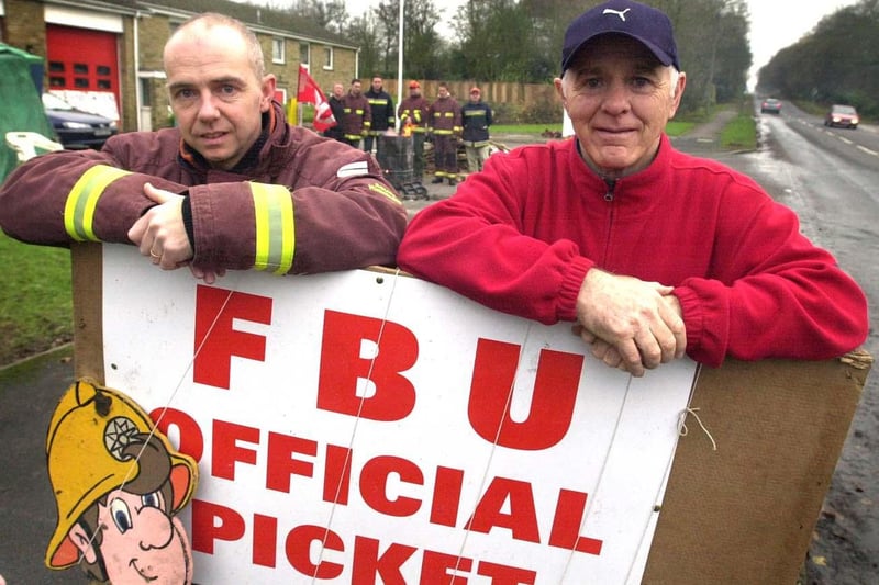 Brendan joins his firefighter son Brendan Ingle on the picket line at Ringinglow Fire station, Ringinglow Road, Bents Green, in November 2002