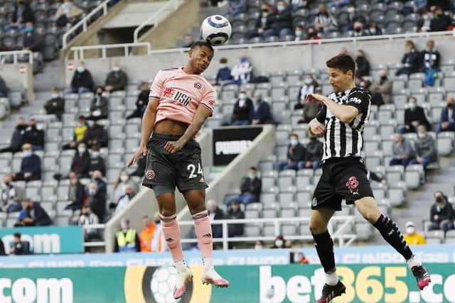 Newcastle, England, 19th May 2021. Rhian Brewster of Sheffield Utd attempts to head towards goal during the Premier League match at St. James's Park, Newcastle. Picture credit should read: Darren Staples / Sportimage