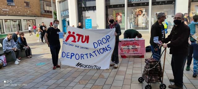 Protestors gathered outside TUI on The Moor yesterday in objection to the airline carrying  out deportation flights