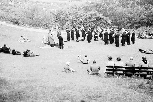 A Salvation Army band plays at a Covenanters Service on Blackford Hill in June 1957.