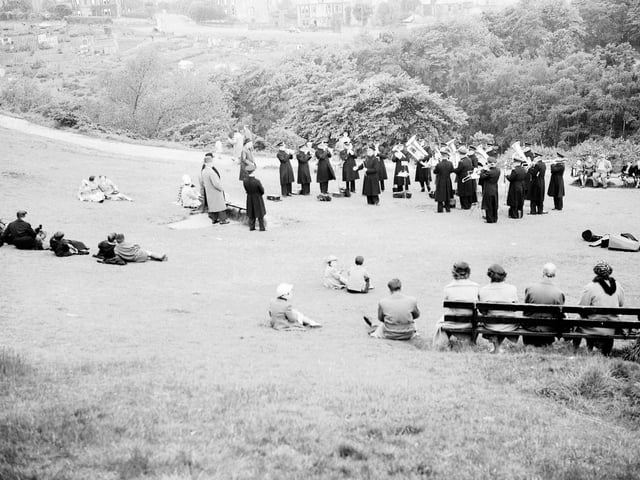 A Salvation Army band plays at a Covenanters Service on Blackford Hill in June 1957.