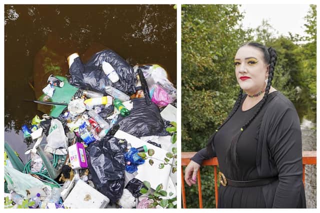 Allee Dawes and some of the rubbish which has been dumped in the River Loxley in Hillsborough, Sheffield