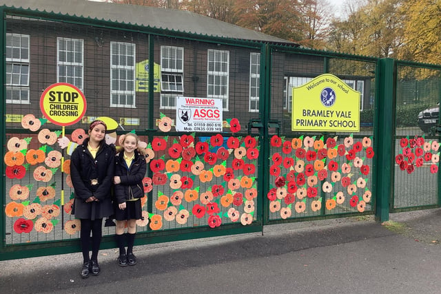 Amelia Hunt and Sophia Sisson of Bramley Vale Primary School with poppy art work that the children created for Armistice Day.