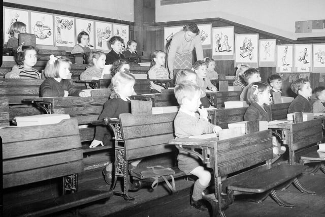 Pupils of South Morningside School sitting in their specially-designed galleried classroom in December 1952.