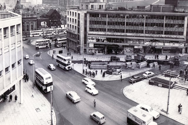 Junction of High Street and Angel Street, Sheffield - just before the Hole in the Road was built - 8th April 1965
