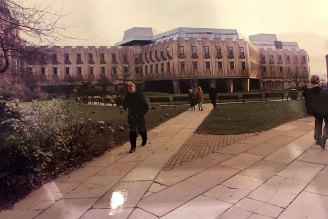 A view to the 'egg box' from across the Peace Gardens in 1995