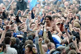 Miguel Llera celebrates with Sheffield Wednesday fans after winning automatic promotion back into the Championship in 2012.  (Photo by Gareth Copley/Getty Images)