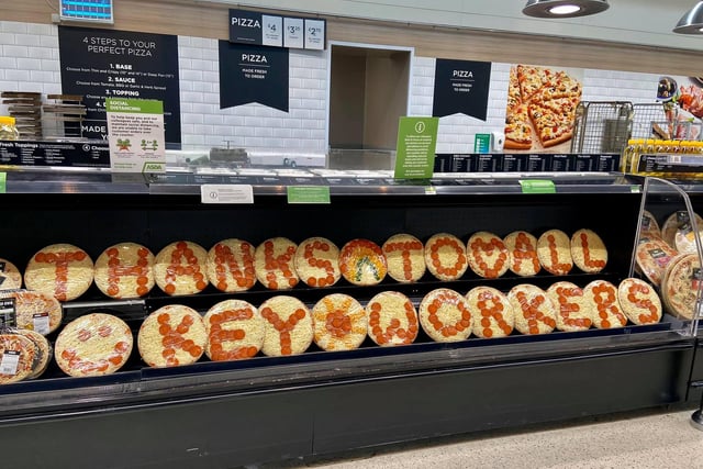 ‘Thanks to all key workers’ has been creatively spelled out using pepperoni pizzas at the Asda supermarket in Handsworth.
