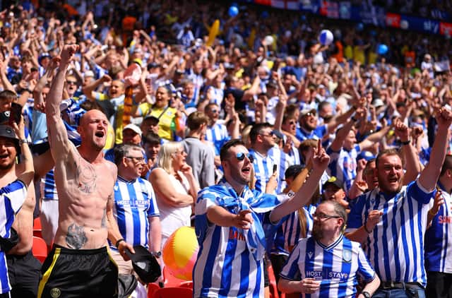LONDON, ENGLAND - MAY 29: Sheffield Wednesday fans show their support prior to the Sky Bet League One Play-Off Final between Barnsley and Sheffield Wednesday at Wembley Stadium on May 29, 2023 in London, England. (Photo by Richard Heathcote/Getty Images)