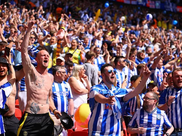 LONDON, ENGLAND - MAY 29: Sheffield Wednesday fans show their support prior to the Sky Bet League One Play-Off Final between Barnsley and Sheffield Wednesday at Wembley Stadium on May 29, 2023 in London, England. (Photo by Richard Heathcote/Getty Images)