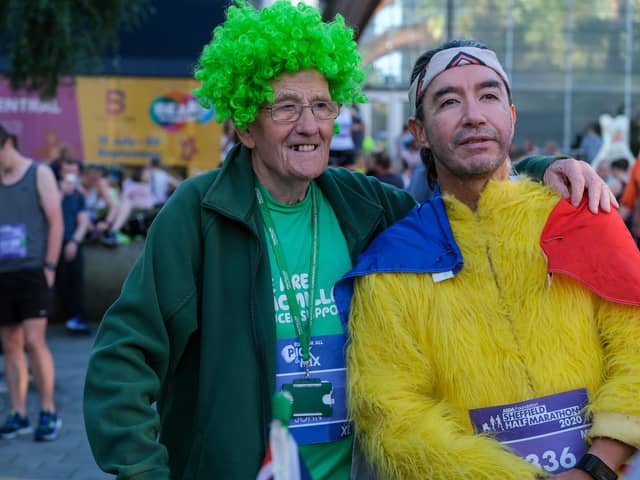 John Burkhill, Sheffield's 'man with the pram', at the Sheffield Half Marathon 2023.
