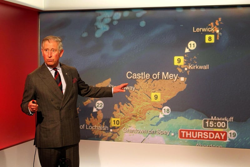 The Prince of Wales reads the weather in the Six O’Clock studio whilst on a tour of the BBC Scotland Headquarters in Glasgow, where they met staff to celebrate sixty years of BBC Scotland. 