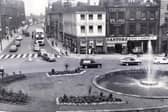 A view of the Goodwin Fountain and flower beds at the top of Fargate, taken from Sheffield Town Hall - 10th August 1967.