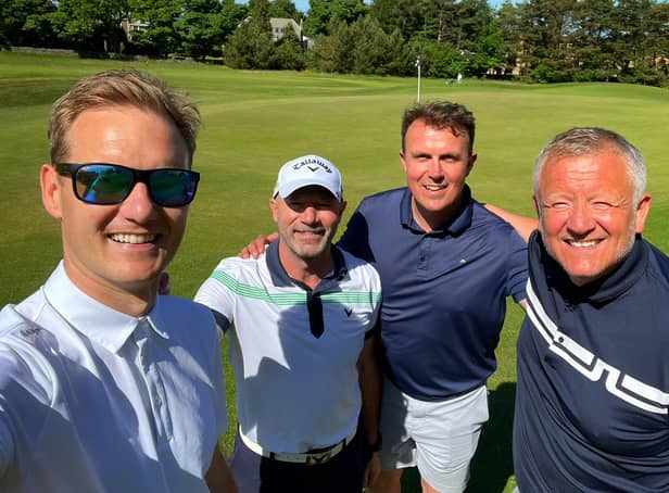 Dan walker, Alan Shearer, Jon Newsome and Chris Wilder enjoying a day of golf. Photo by Dan Walker.