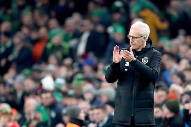 Republic of Ireland's Mick McCarthy gestures on the touchline during a UEFA Euro 2020 Qualifying match at the Aviva Stadium, Dublin: Niall Carson/PA Wire.
