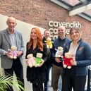 Staff from Cavendish Cancer Care take delivery of the bears. Images shows L to R: Richard Campos, Charity Steward for Welcome Lodge, Emma Draper, CEO Cavendish Cancer Care, Darrell Price, Master of the Welcome Lodge, Mike Sawkins, Head of Finance, Cavendish Cancer Care and Hannah Williams, Fundraiser from Cavendish Cancer Care.