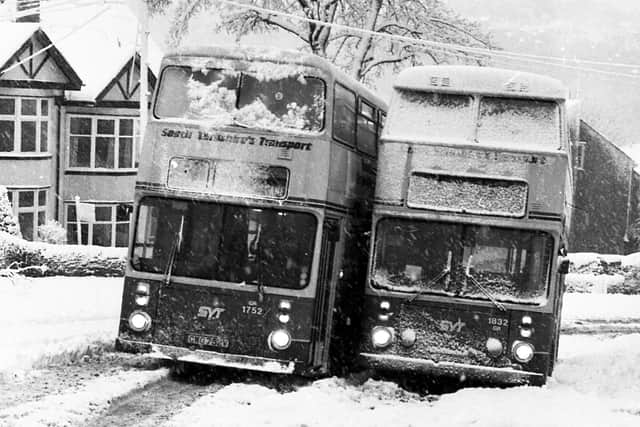 Buses stuck in the snow at Fulwood, Sheffield - December 8, 1990.