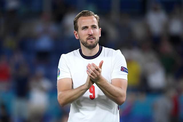 England are through to the semi-finals of Euro 2020 where they will play Denmark on Wednesday. Pictured: Harry Kane of England applauds the fans following victory in the UEFA Euro 2020 Championship quarter-final match between Ukraine and England at Olimpico Stadium on July 3, 2021 in Rome, Italy. (Photo by Ettore Ferrari - Pool/Getty Images)